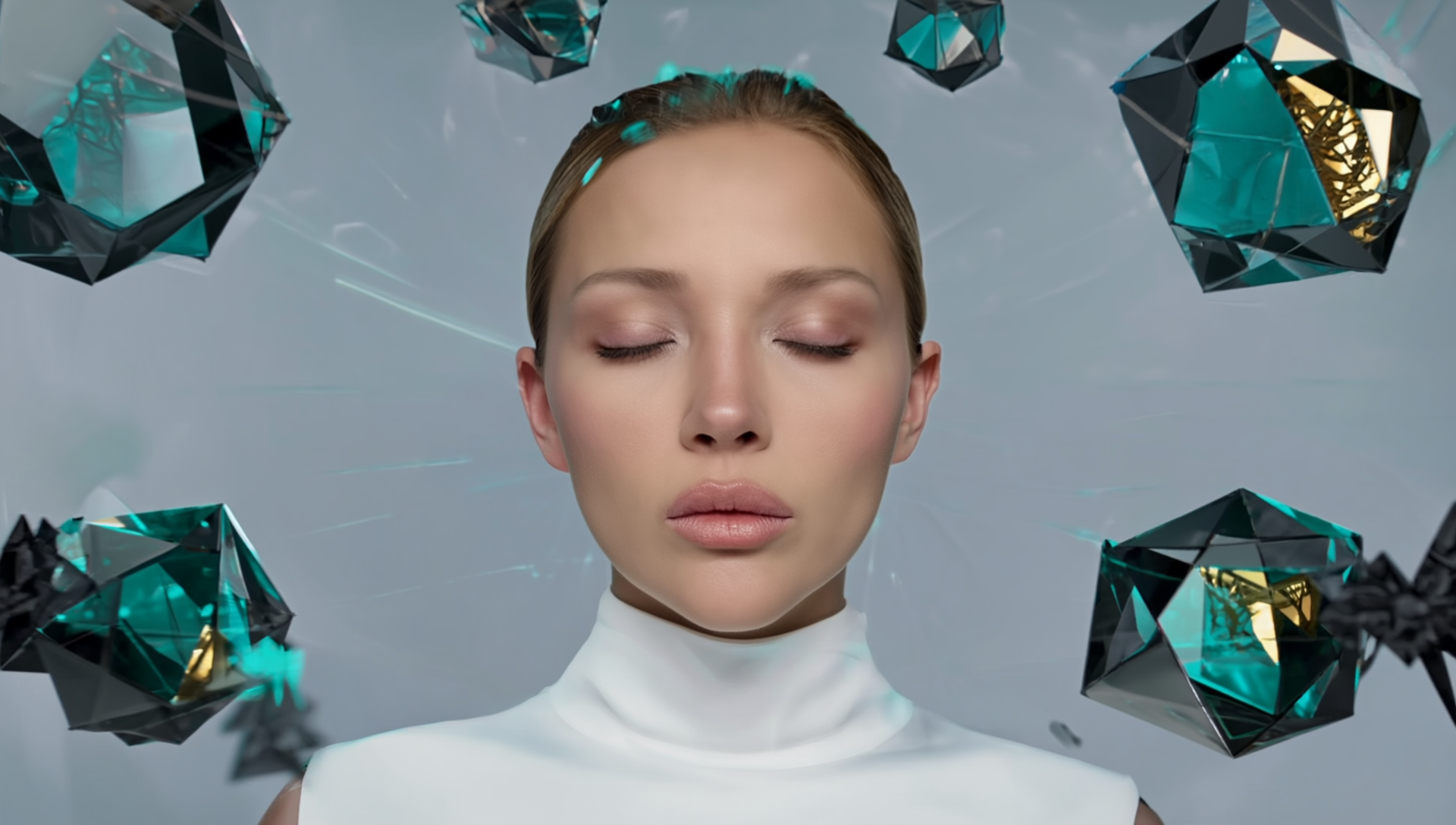 Irina Fain’s ExNTER “Mirror Mind” concept: calm face with geometric reflections symbolizing consciousness observing its own patterns; neuroscience × introspection.
