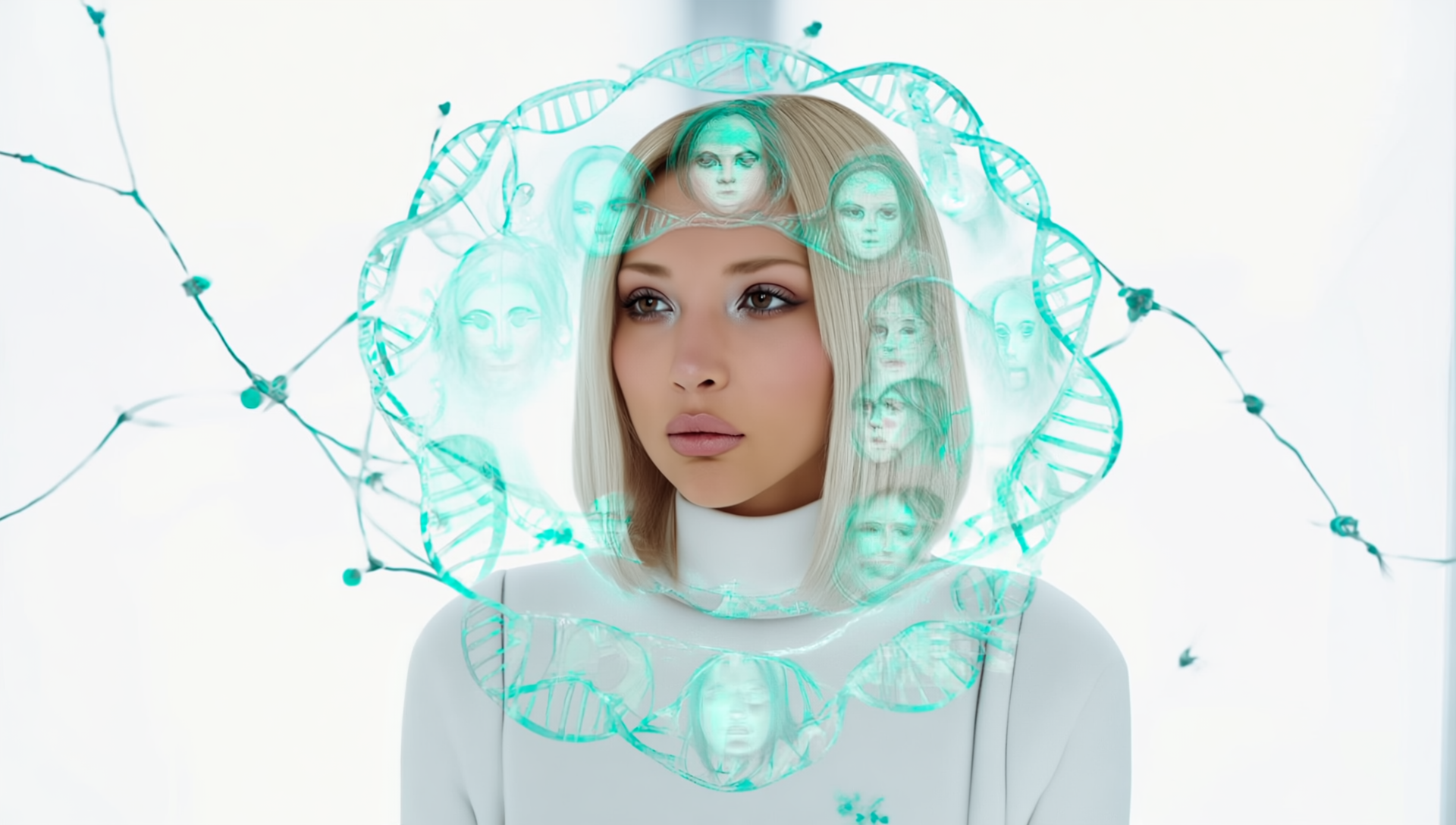 Portrait of Irina Fain surrounded by mirrored ancestral faces and neural-DNA filaments, symbolizing the epigenetic geometry of memory and transformation — ExNTER Hypnosis · NLP · Psychocorrection · ExNTRY portal for inquiry and therapy entry.