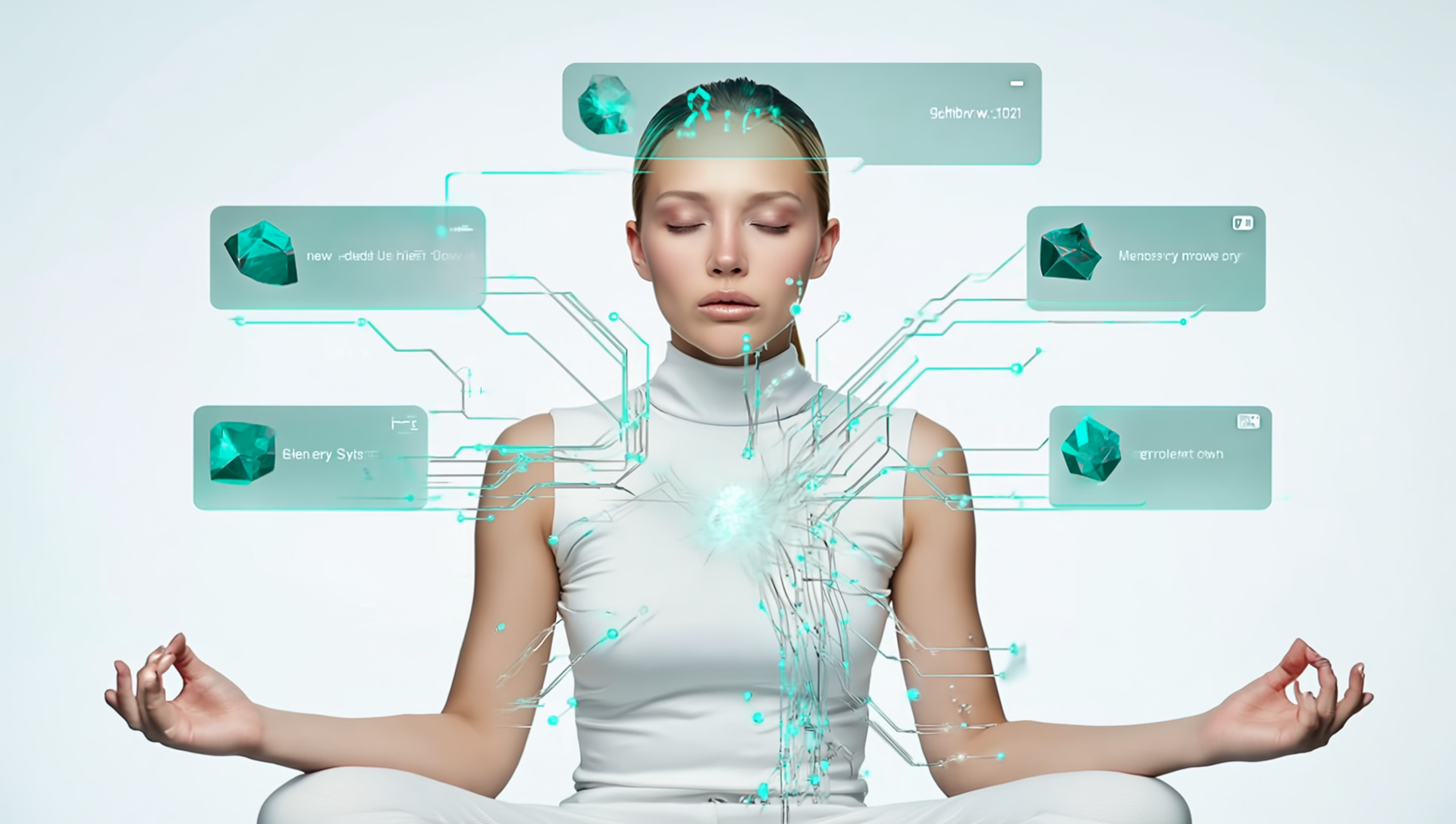 Irina Fain Emotional Reintegration Protocol visual — woman in meditative focus surrounded by neural holograms symbolizing closure of emotional loops and cognitive harmony, ExNTER aesthetic.