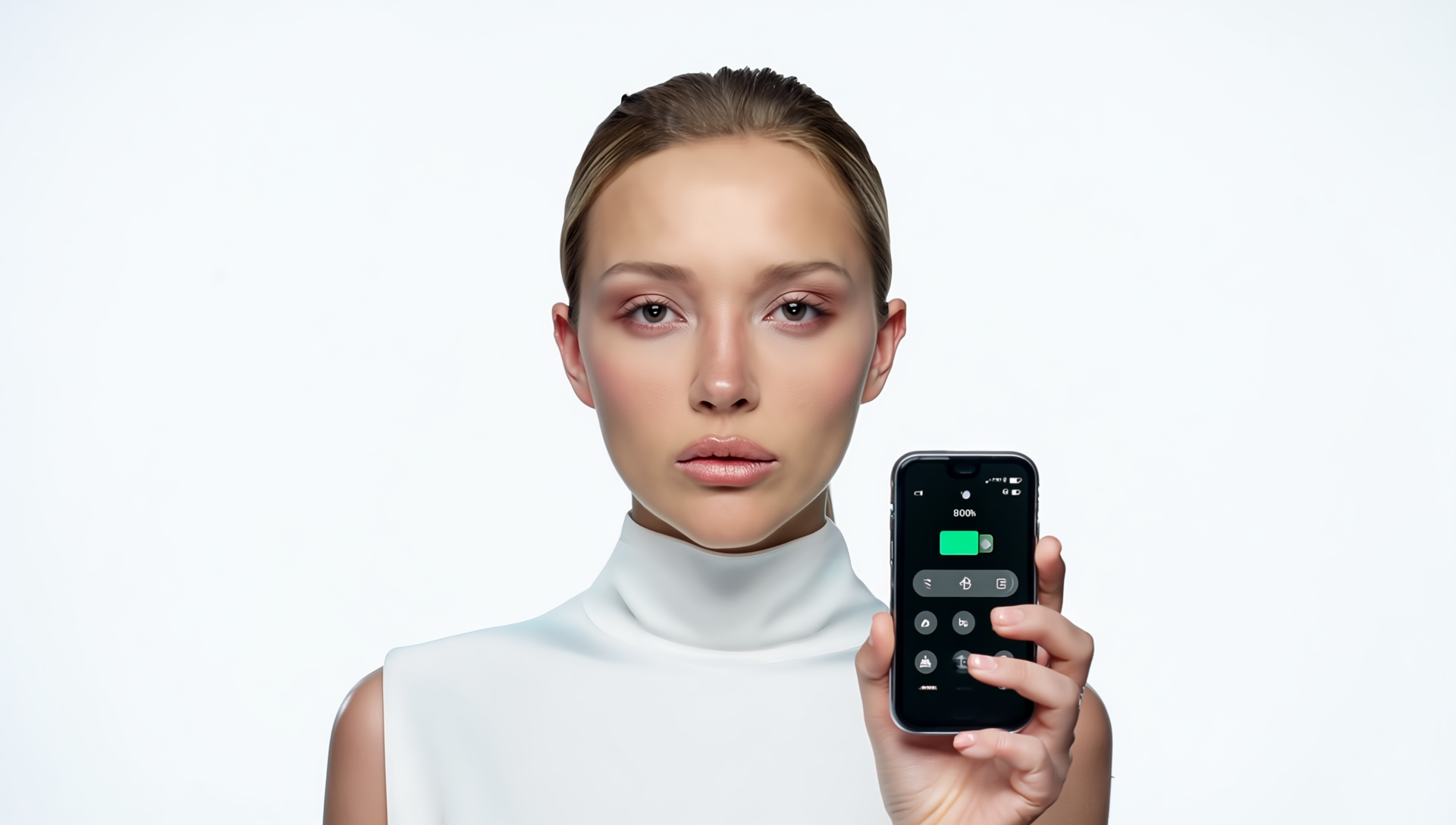 A reflective portrait of Irina Fain holding a phone like a mirror — symbolizing consciousness observing itself during the Emotional System Reset process. Minimalist, futuristic, azure-toned aesthetic representing awareness, clarity, and self-regulation.